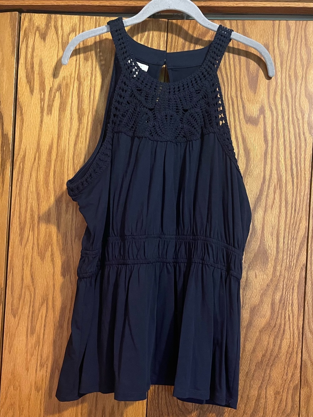 Women's Navy Crochet Yoke Sleeveless Top